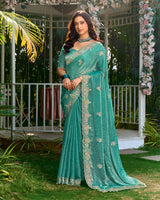 Teal Aqua Green Designer Fancy Satin Saree With Embroidery-Diamond Work And Cut Work Border