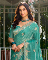 Teal Aqua Green Designer Fancy Satin Saree With Embroidery-Diamond Work And Cut Work Border