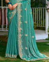 Teal Aqua Green Designer Fancy Satin Saree With Embroidery-Diamond Work And Cut Work Border