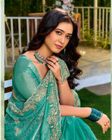 Teal Aqua Green Designer Fancy Satin Saree With Embroidery-Diamond Work And Cut Work Border