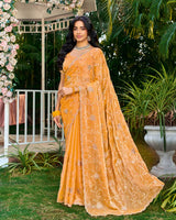Light Orange Designer Fancy Satin Saree With Embroidery-Diamond Work And Cut Work Border