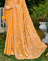 Light Orange Designer Fancy Satin Saree With Embroidery-Diamond Work And Cut Work Border
