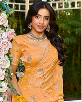 Light Orange Designer Fancy Satin Saree With Embroidery-Diamond Work And Cut Work Border