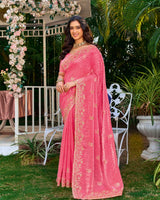 Fuchsia Pink Designer Fancy Satin Saree With Embroidery-Diamond Work And Cut Work Border