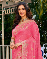 Fuchsia Pink Designer Fancy Satin Saree With Embroidery-Diamond Work And Cut Work Border