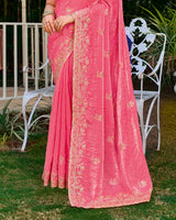 Fuchsia Pink Designer Fancy Satin Saree With Embroidery-Diamond Work And Cut Work Border
