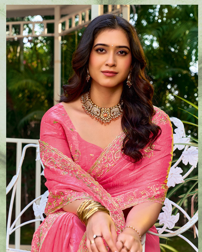 Fuchsia Pink Designer Fancy Satin Saree With Embroidery-Diamond Work And Cut Work Border