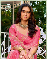 Fuchsia Pink Designer Fancy Satin Saree With Embroidery-Diamond Work And Cut Work Border