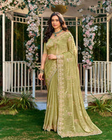 Pistachio Green Designer Fancy Satin Saree With Embroidery-Diamond Work And Cut Work Border