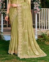 Pistachio Green Designer Fancy Satin Saree With Embroidery-Diamond Work And Cut Work Border