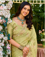 Pistachio Green Designer Fancy Satin Saree With Embroidery-Diamond Work And Cut Work Border