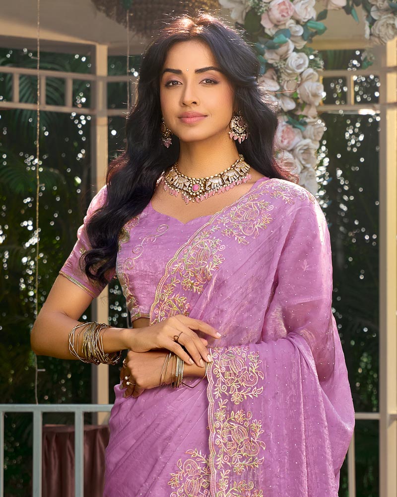 Mauve Designer Fancy Satin Saree With Embroidery-Diamond Work And Cut Work Border
