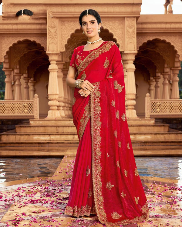 Vishal Prints Venetian Red Designer Fancy Chiffon Saree With Zari-Embroidery Work And Cut Work Border