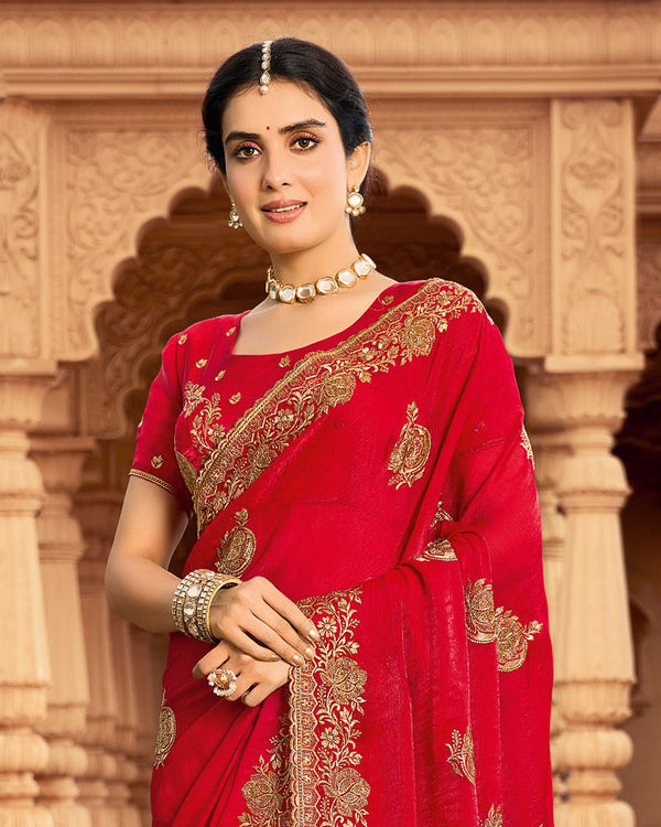 Vishal Prints Venetian Red Designer Fancy Chiffon Saree With Zari-Embroidery Work And Cut Work Border