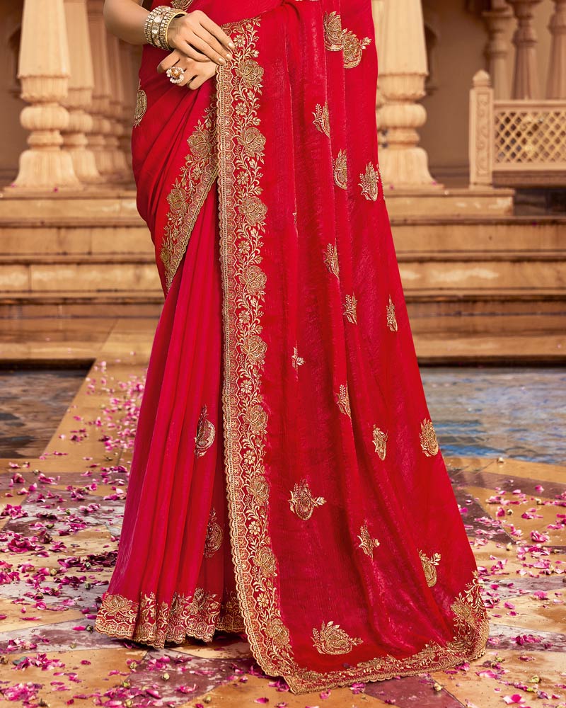 Vishal Prints Venetian Red Designer Fancy Chiffon Saree With Zari-Embroidery Work And Cut Work Border