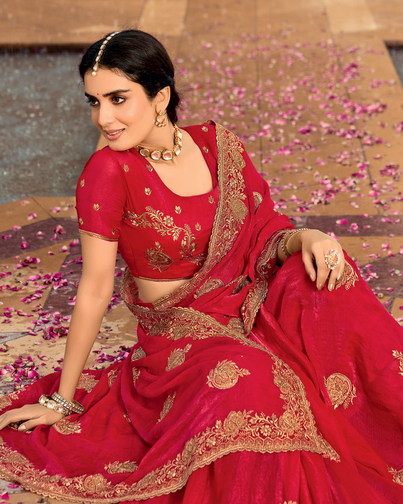 Vishal Prints Venetian Red Designer Fancy Chiffon Saree With Zari-Embroidery Work And Cut Work Border