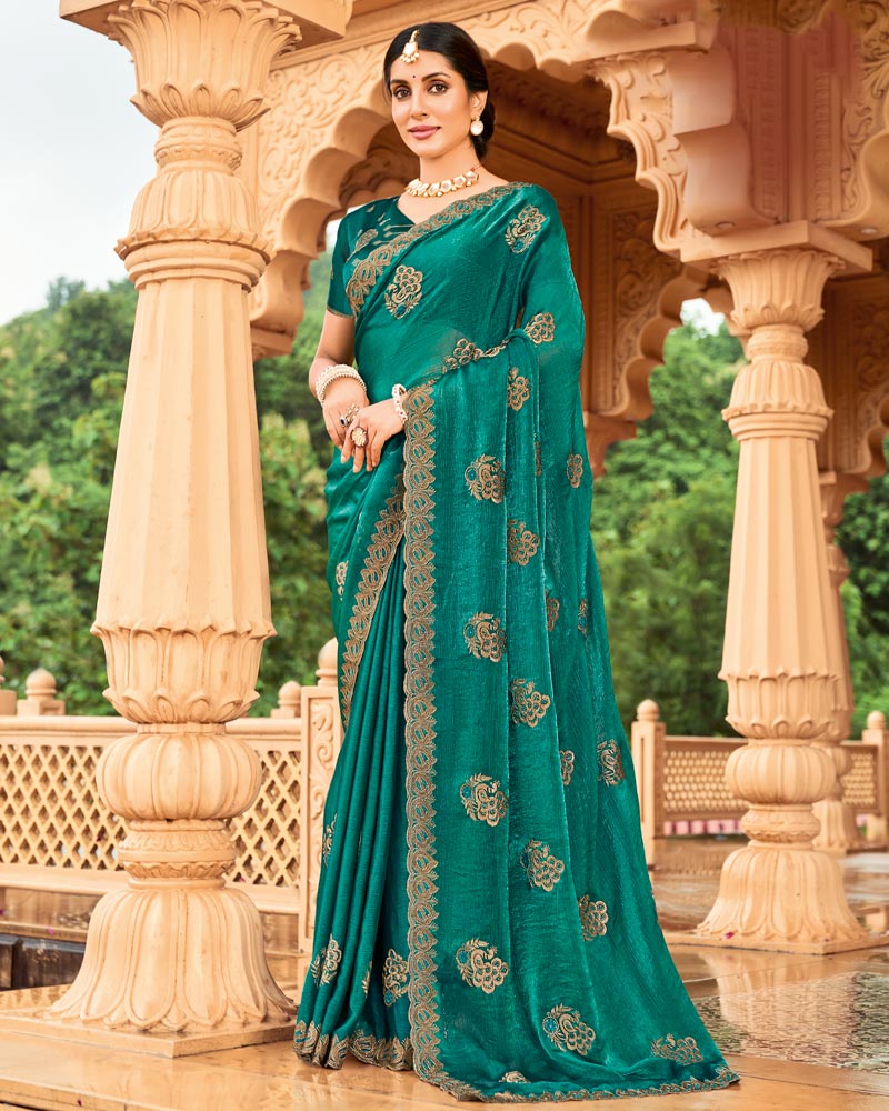 Vishal Prints Dark Aqua Green Designer Fancy Chiffon Saree With Zari-Embroidery Work And Cut Work Border