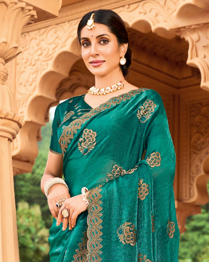 Vishal Prints Dark Aqua Green Designer Fancy Chiffon Saree With Zari-Embroidery Work And Cut Work Border