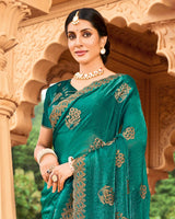 Vishal Prints Dark Aqua Green Designer Fancy Chiffon Saree With Zari-Embroidery Work And Cut Work Border