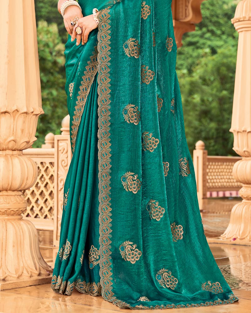 Vishal Prints Dark Aqua Green Designer Fancy Chiffon Saree With Zari-Embroidery Work And Cut Work Border