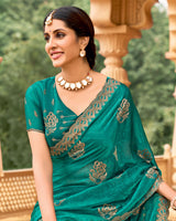 Vishal Prints Dark Aqua Green Designer Fancy Chiffon Saree With Zari-Embroidery Work And Cut Work Border