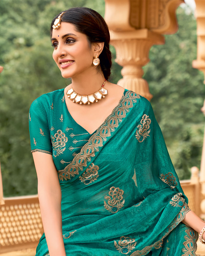 Vishal Prints Dark Aqua Green Designer Fancy Chiffon Saree With Zari-Embroidery Work And Cut Work Border