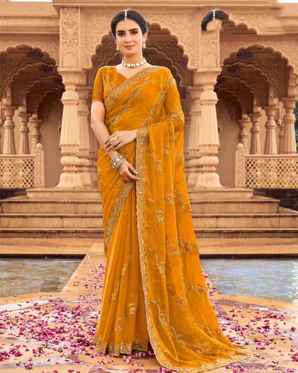Vishal Prints Dusty Orange Designer Fancy Chiffon Saree With Zari-Embroidery Work And Cut Work Border