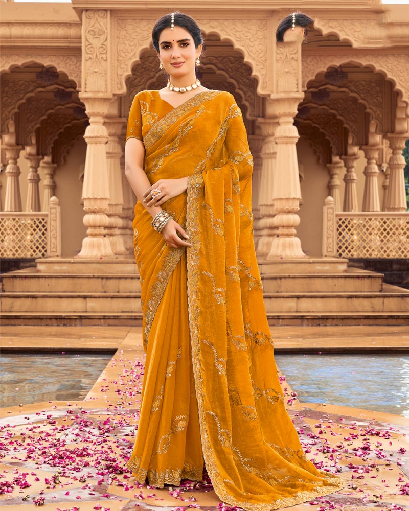 Vishal Prints Dusty Orange Designer Fancy Chiffon Saree With Zari-Embroidery Work And Cut Work Border
