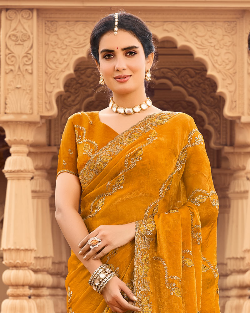 Vishal Prints Dusty Orange Designer Fancy Chiffon Saree With Zari-Embroidery Work And Cut Work Border
