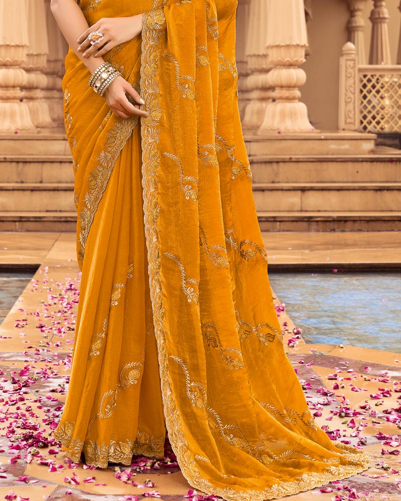 Vishal Prints Dusty Orange Designer Fancy Chiffon Saree With Zari-Embroidery Work And Cut Work Border