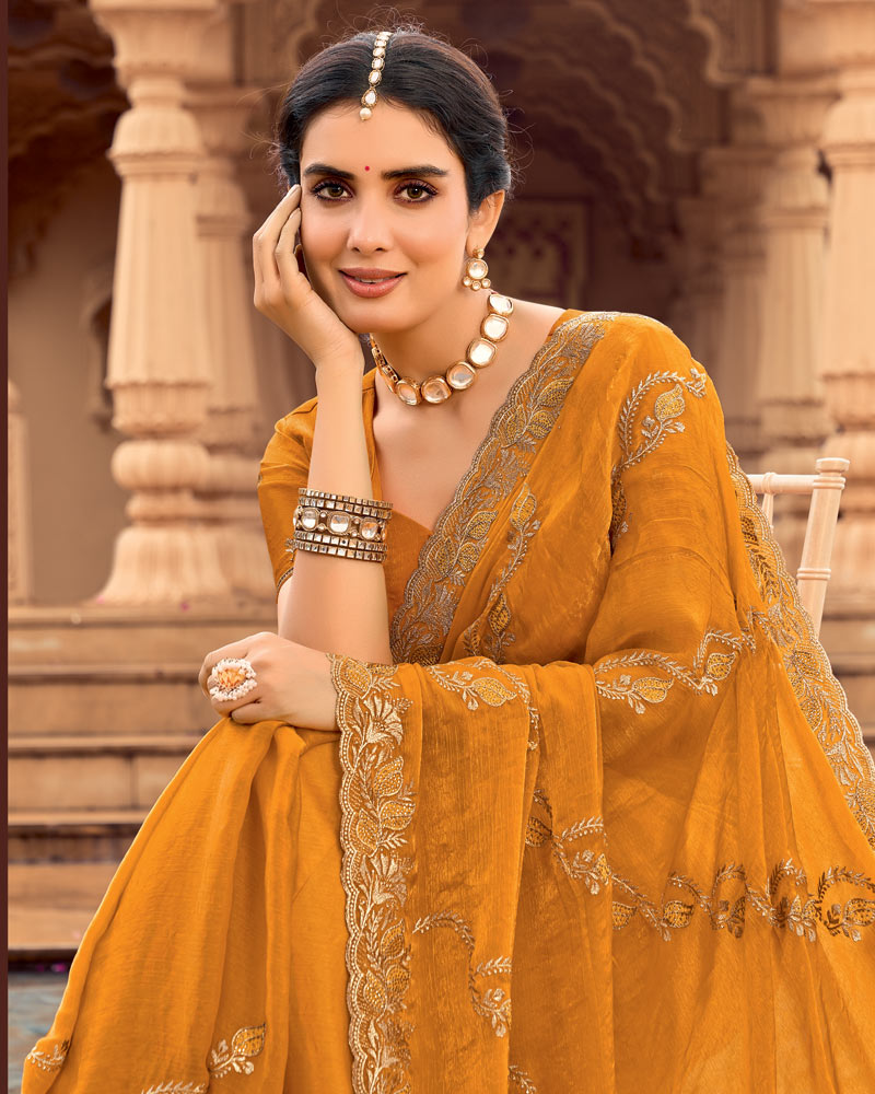 Vishal Prints Dusty Orange Designer Fancy Chiffon Saree With Zari-Embroidery Work And Cut Work Border