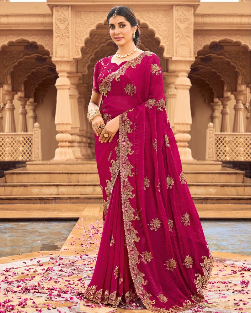 Vishal Prints Purplish Red Designer Fancy Chiffon Saree With Zari-Embroidery Work And Cut Work Border