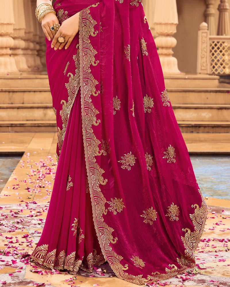 Vishal Prints Purplish Red Designer Fancy Chiffon Saree With Zari-Embroidery Work And Cut Work Border
