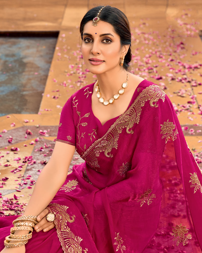 Vishal Prints Purplish Red Designer Fancy Chiffon Saree With Zari-Embroidery Work And Cut Work Border