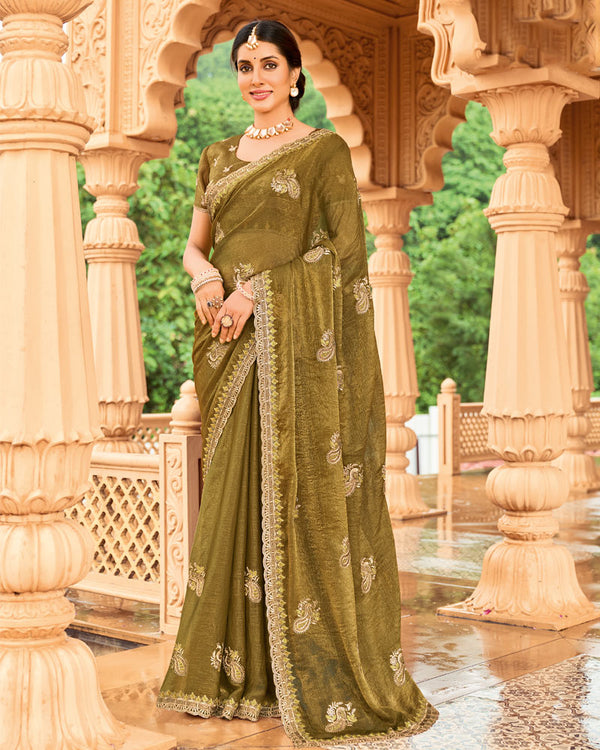 Vishal Prints Greenish Brown Designer Fancy Chiffon Saree With Zari-Embroidery Work And Cut Work Border