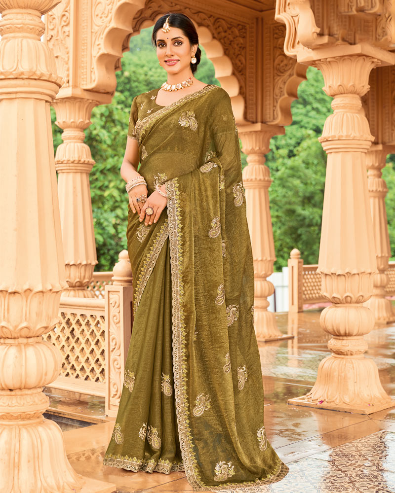 Vishal Prints Greenish Brown Designer Fancy Chiffon Saree With Zari-Embroidery Work And Cut Work Border