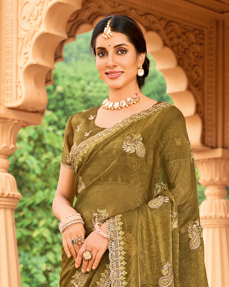 Vishal Prints Greenish Brown Designer Fancy Chiffon Saree With Zari-Embroidery Work And Cut Work Border