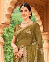 Vishal Prints Greenish Brown Designer Fancy Chiffon Saree With Zari-Embroidery Work And Cut Work Border