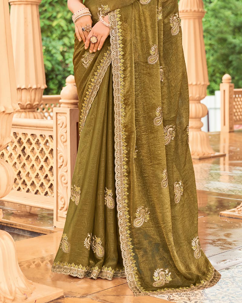 Vishal Prints Greenish Brown Designer Fancy Chiffon Saree With Zari-Embroidery Work And Cut Work Border