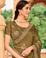 Vishal Prints Greenish Brown Designer Fancy Chiffon Saree With Zari-Embroidery Work And Cut Work Border
