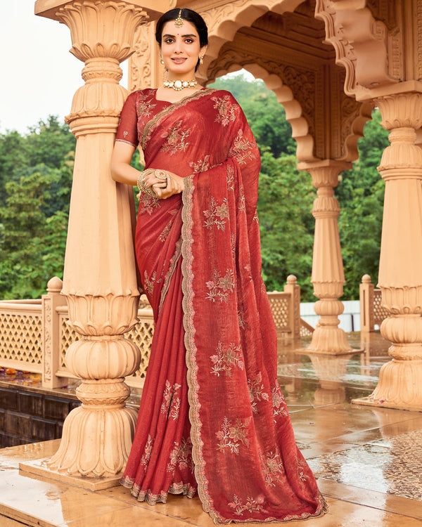 Vishal Prints Pale Red Designer Fancy Chiffon Saree With Zari-Embroidery Work And Cut Work Border