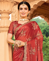 Vishal Prints Pale Red Designer Fancy Chiffon Saree With Zari-Embroidery Work And Cut Work Border