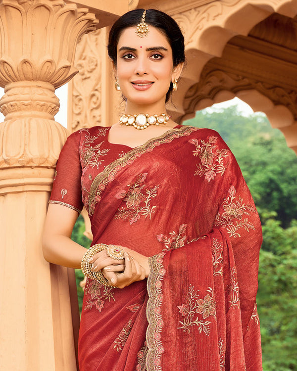 Vishal Prints Pale Red Designer Fancy Chiffon Saree With Zari-Embroidery Work And Cut Work Border