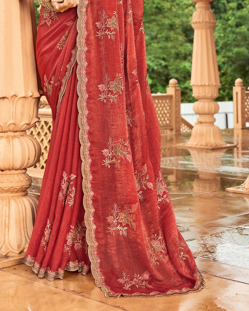 Vishal Prints Pale Red Designer Fancy Chiffon Saree With Zari-Embroidery Work And Cut Work Border