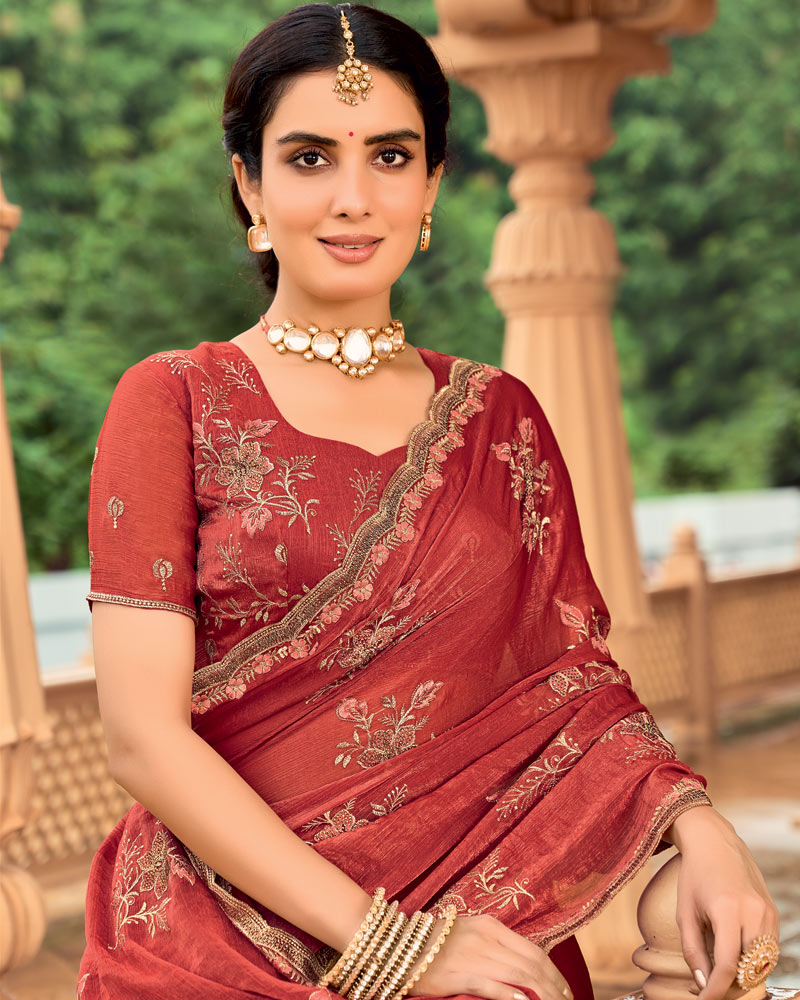 Vishal Prints Pale Red Designer Fancy Chiffon Saree With Zari-Embroidery Work And Cut Work Border