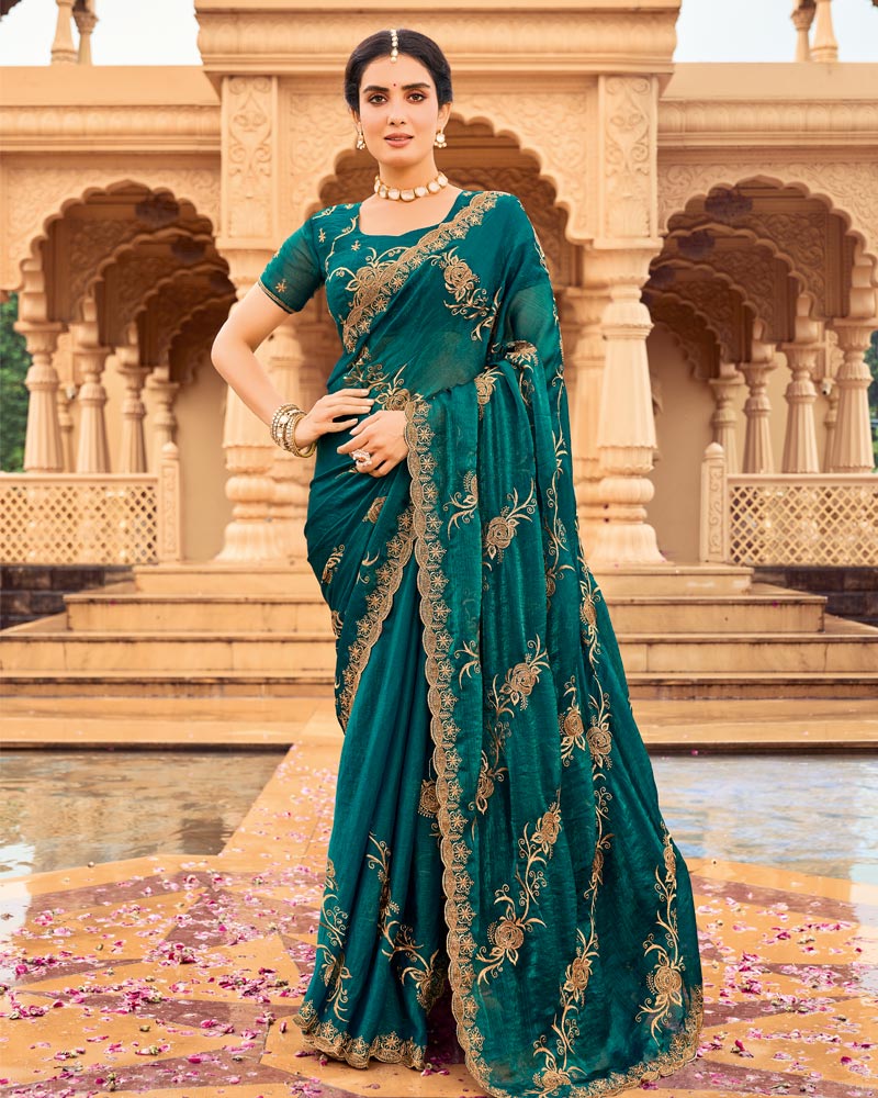 Vishal Prints Deep Teal Green Designer Fancy Chiffon Saree With Zari-Embroidery Work And Cut Work Border