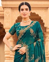 Vishal Prints Deep Teal Green Designer Fancy Chiffon Saree With Zari-Embroidery Work And Cut Work Border