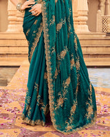 Vishal Prints Deep Teal Green Designer Fancy Chiffon Saree With Zari-Embroidery Work And Cut Work Border