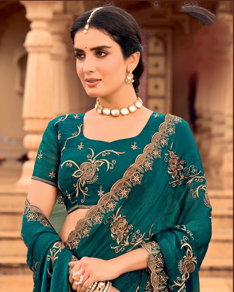 Vishal Prints Deep Teal Green Designer Fancy Chiffon Saree With Zari-Embroidery Work And Cut Work Border