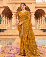Vishal Prints Ochre Designer Fancy Chiffon Saree With Zari-Embroidery Work And Cut Work Border